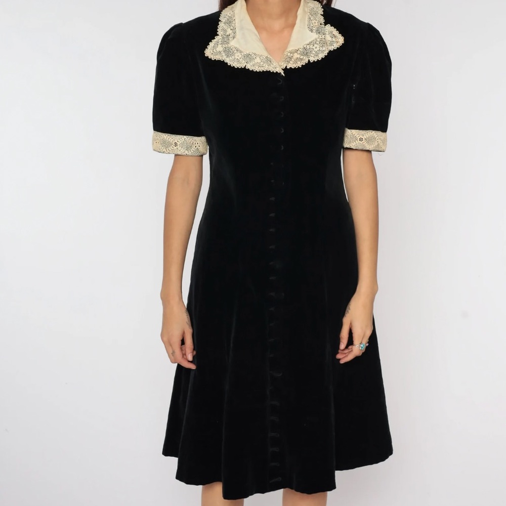 SOLD - 1940s Black Velvet Lace Trim Dress